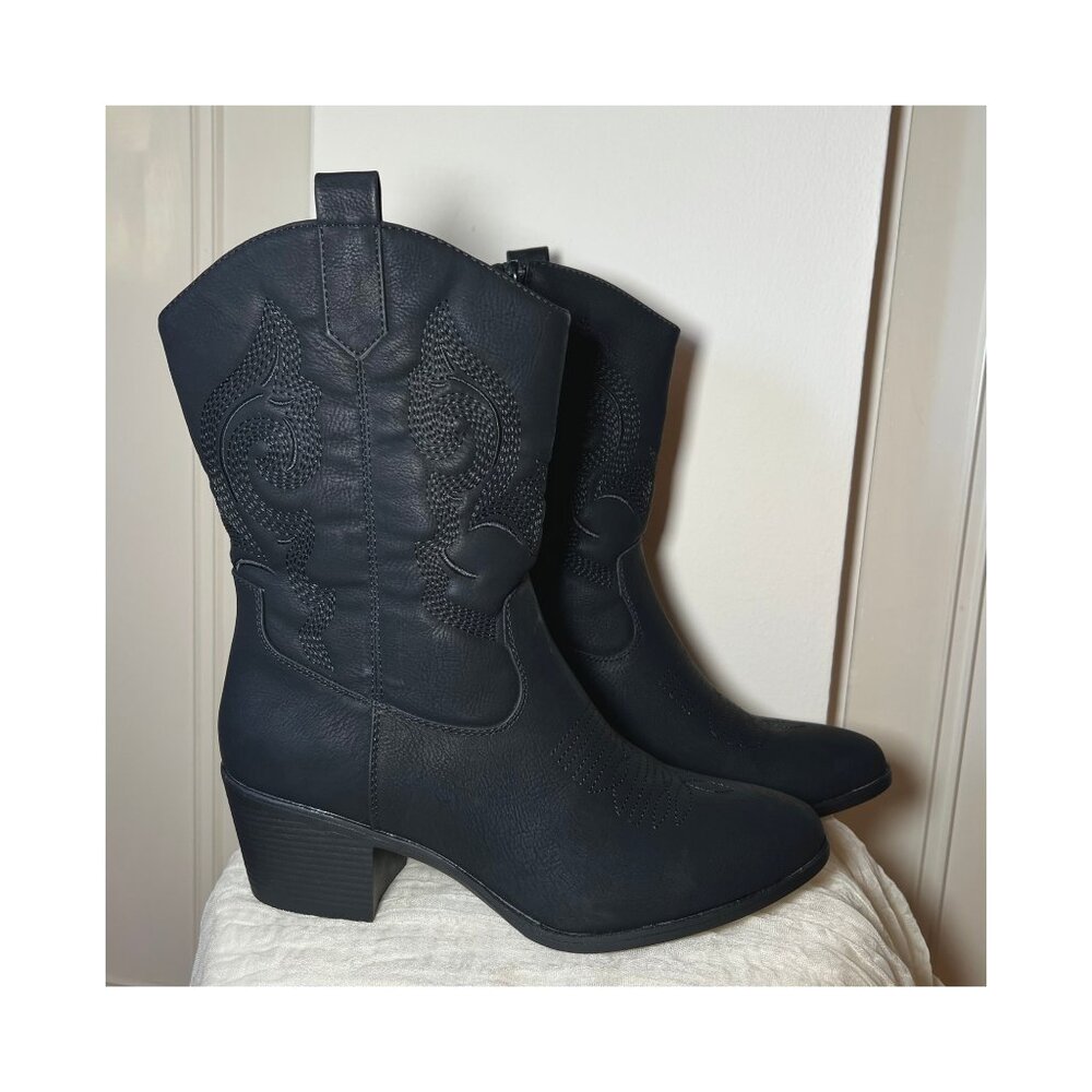 Women's Mid Calf Western Cowgirl Boots with Low Chunky Heel - Size 10